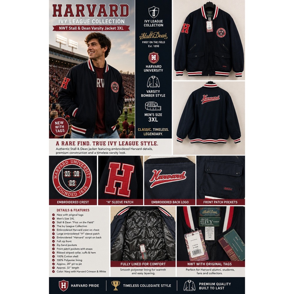 NWT Stall & Dean Harvard University 3XL Varsity Bomber Jacket Ivy League Black